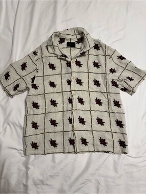 PacSun Cream Short Sleeve Button-Up with Burgundy Floral Grid